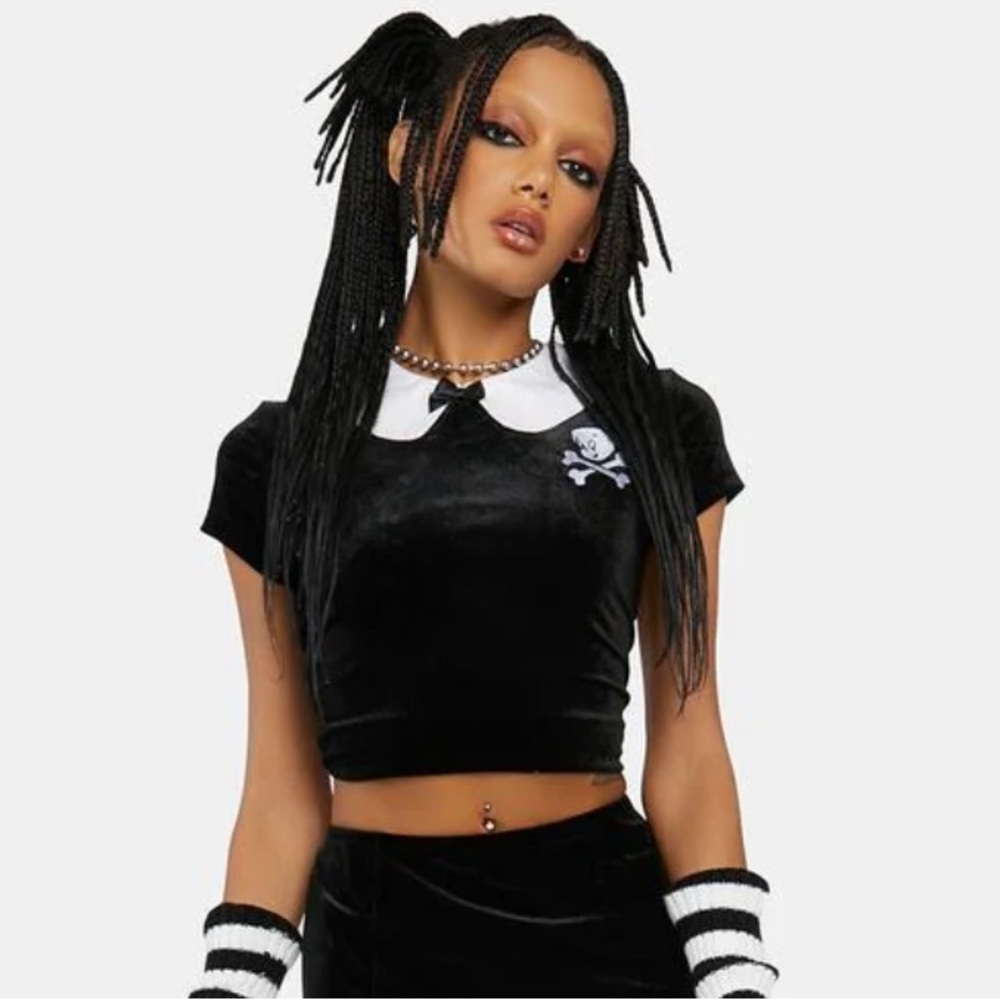 Dolls Kill Black Velvet Skull Embroidered Crop Top